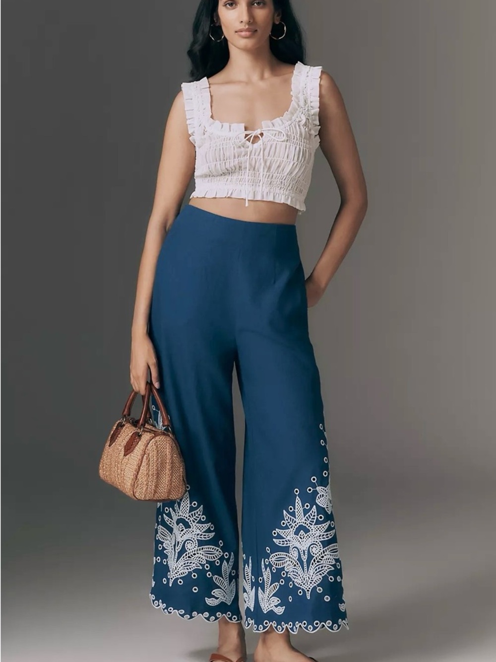 FARM Rio x Anthropologie Blue Embroidered Wide-Leg Pants Size Medium NWT
